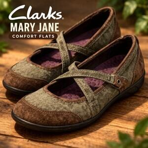 Clarks Privo Brown Suede Mary Jane Comfort Flats Crisscross Strap Shoes